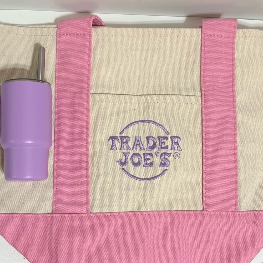 Trader Joe's Pink & Cream Canvas Mini Tote Bag Lavender Mini Tumbler